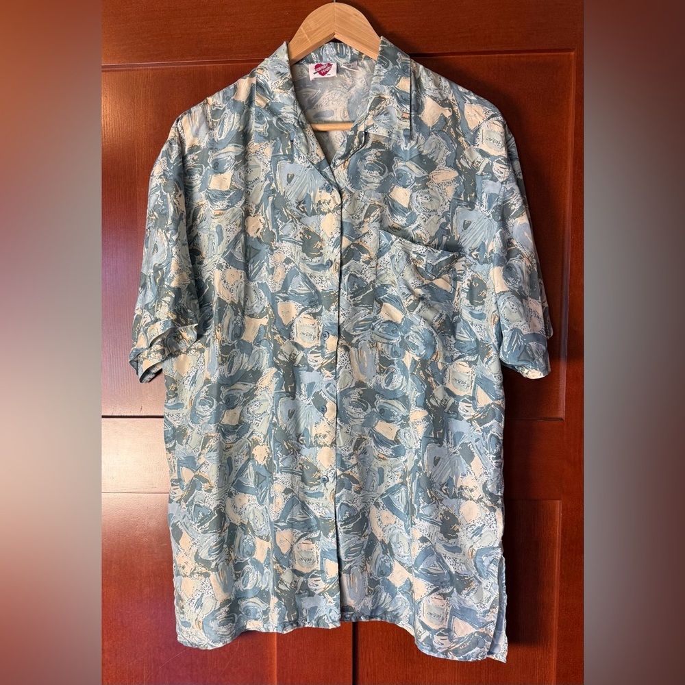 Vintage KEREN hart Men's Blue Abstract Print Silk Shirt Size Medium